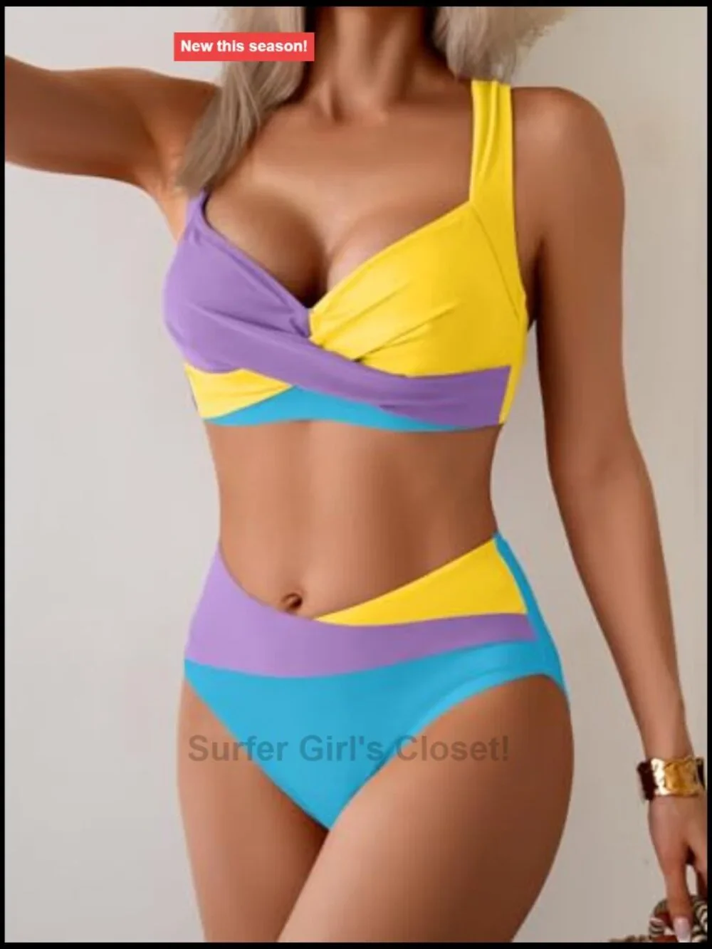 Two Piece Bikini Set Mid Rise Color Block Tie Back Push Up Swimsuit